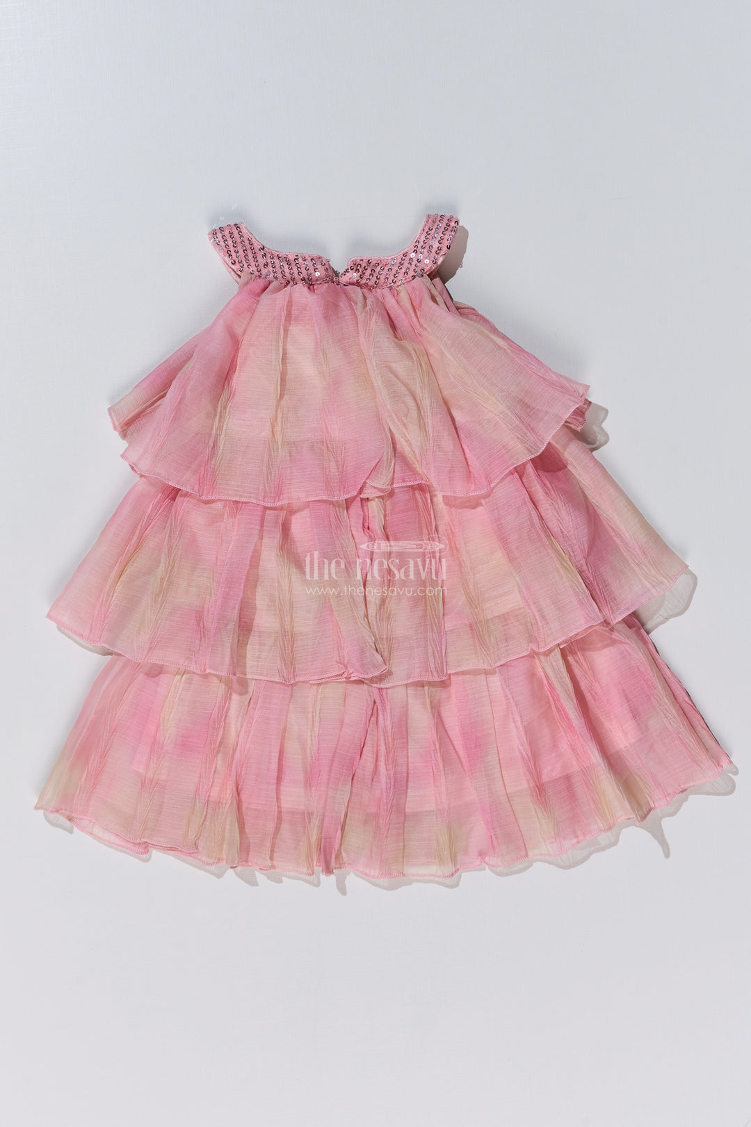 Graceful Pink Long Frock for Girls with Ruffled Layers and Sequin Embellishments