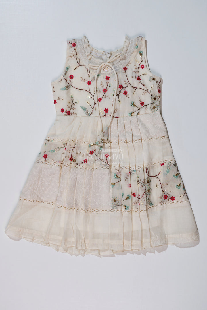 Girls Cream Color Frock with Embroidery and Pleated Skirt for Casual and Festive Wear