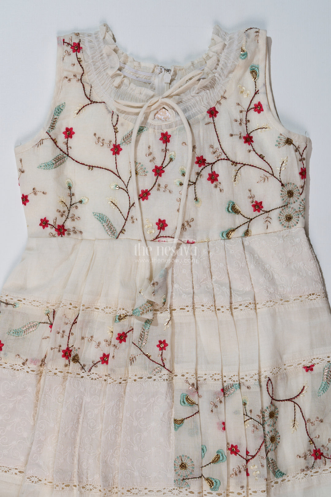 Girls Cream Color Frock with Embroidery and Pleated Skirt for Casual and Festive Wear