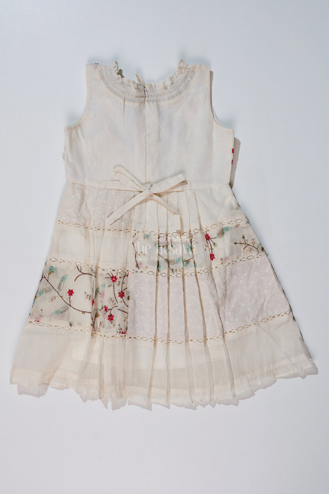 Girls Cream Color Frock with Embroidery and Pleated Skirt for Casual and Festive Wear