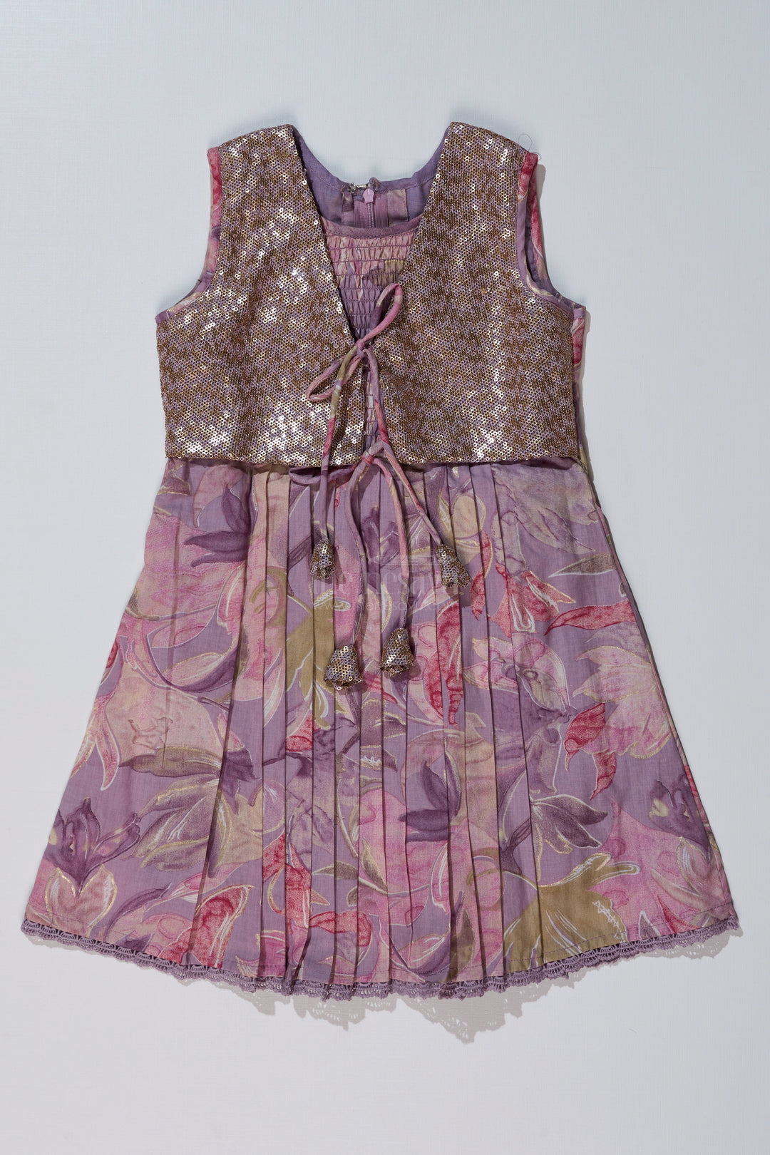 Girls Colour Full Frock with Sequin Embroidery and Printed Pleated Skirt for Stylish Look