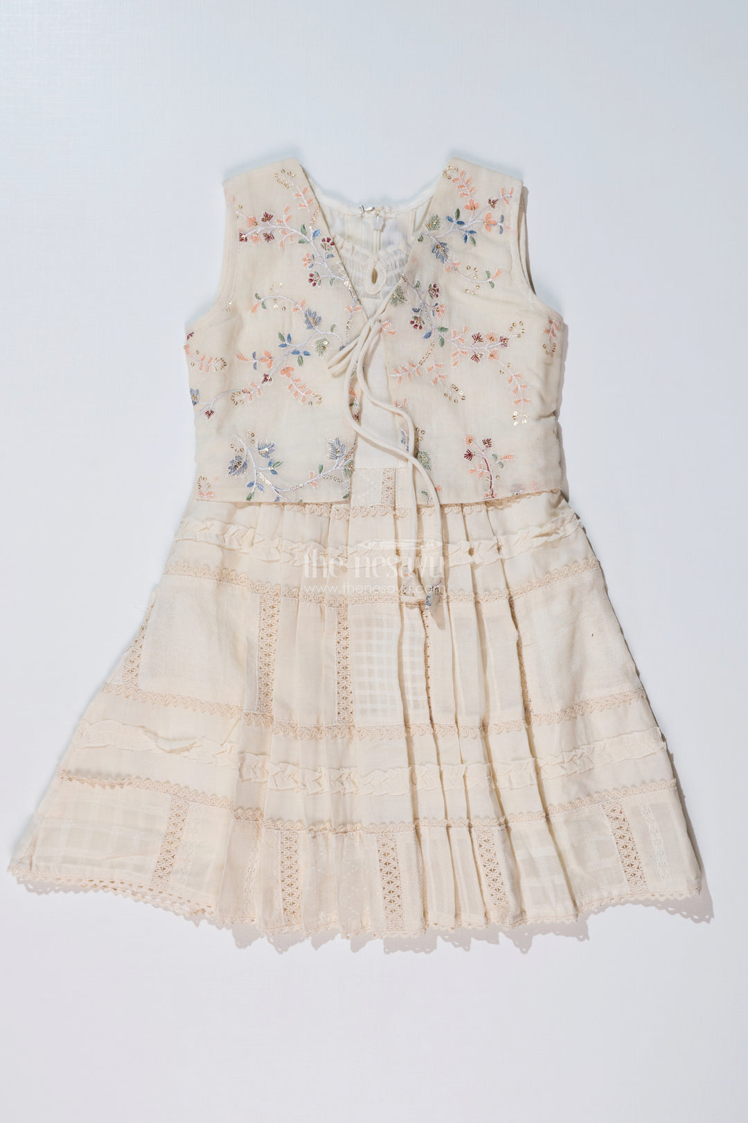 Girls White Color Frock with Embroidery and Layered Pleats for Graceful Festive Wear