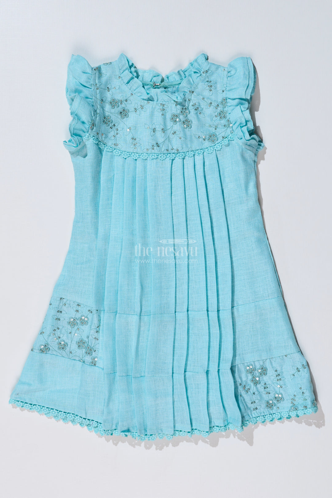 Girls Blue Colour Frock with Embroidery and Pleated Design for Casual and Festive Wear