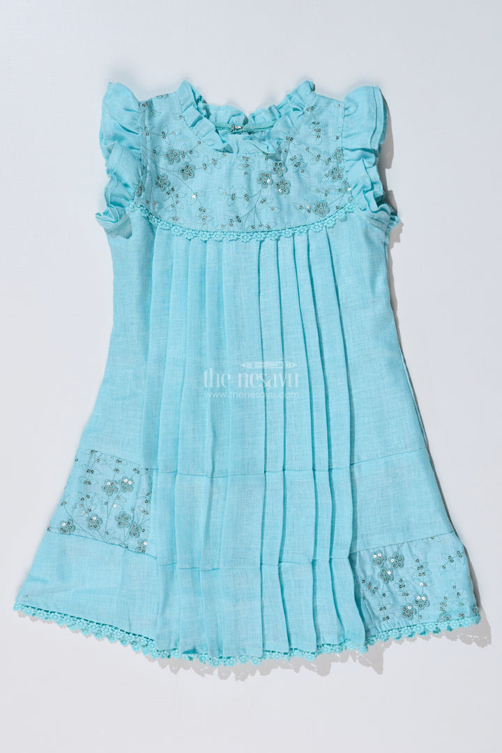 Girls Blue Colour Frock with Embroidery and Pleated Design for Casual and Festive Wear