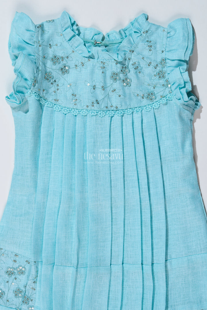 Girls Blue Colour Frock with Embroidery and Pleated Design for Casual and Festive Wear