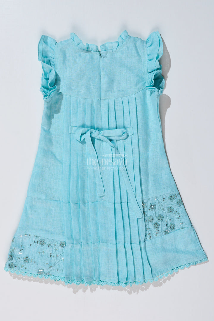 Girls Blue Colour Frock with Embroidery and Pleated Design for Casual and Festive Wear