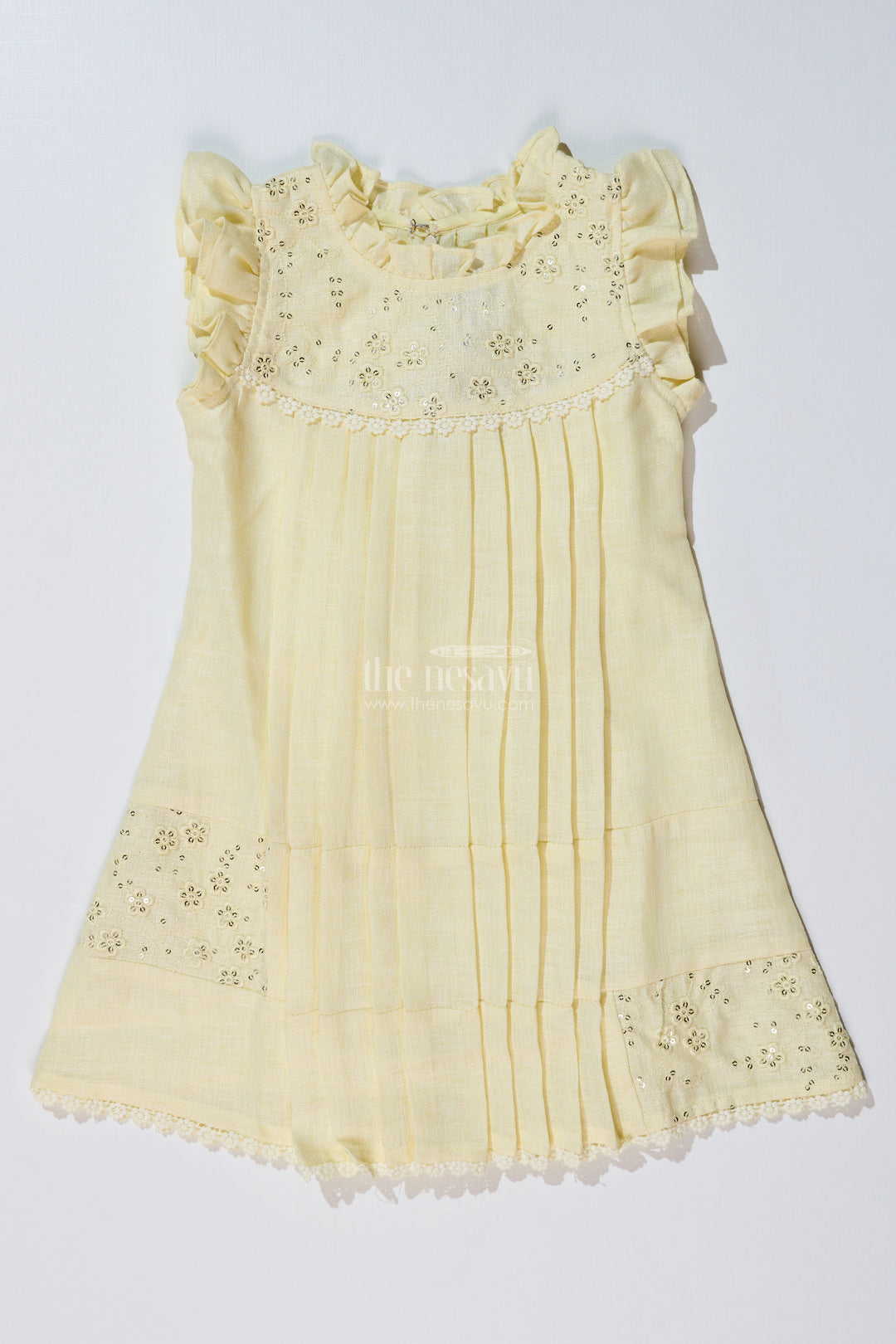 Girls Yellow Frock with Floral Embroidery and Pleats for Stylish Everyday Wear