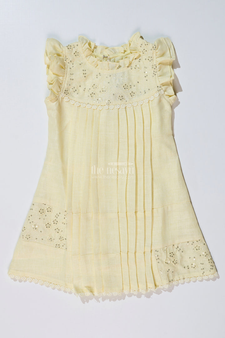 Girls Yellow Frock with Floral Embroidery and Pleats for Stylish Everyday Wear