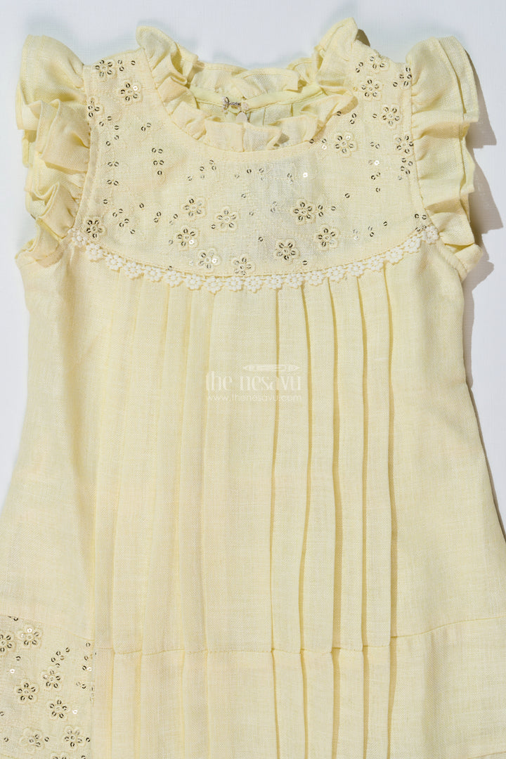 Girls Yellow Frock with Floral Embroidery and Pleats for Stylish Everyday Wear