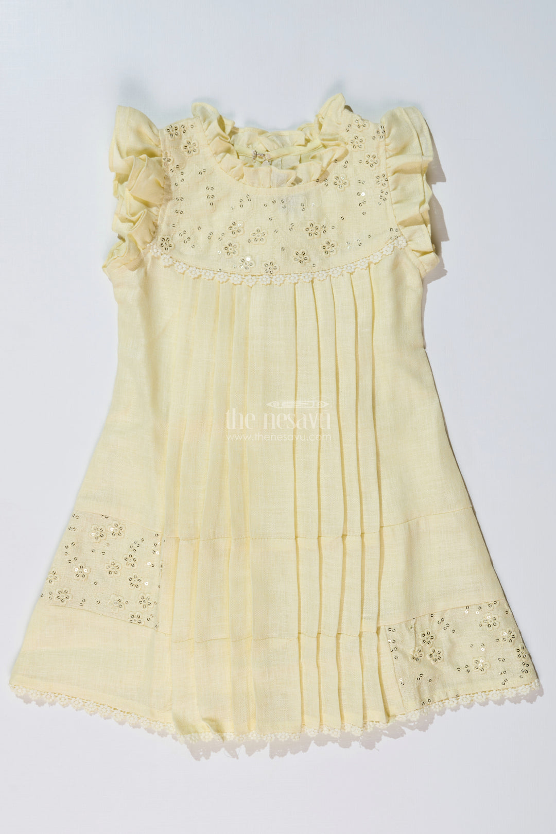 Girls Yellow Frock with Floral Embroidery and Pleats for Stylish Everyday Wear