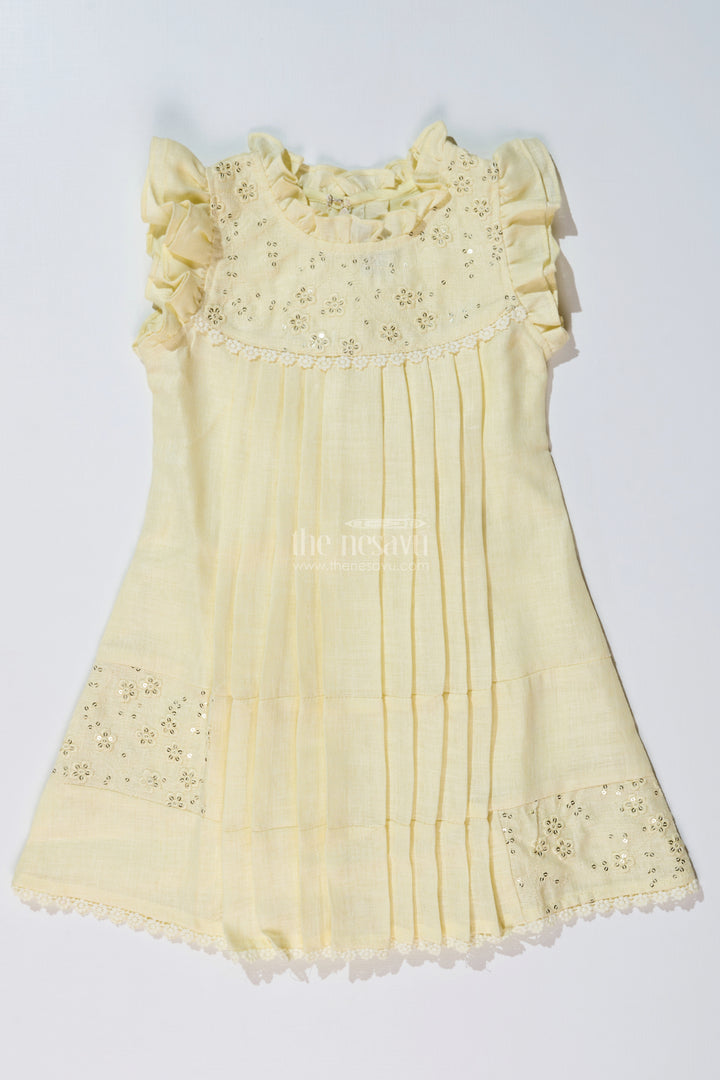 Girls Yellow Frock with Floral Embroidery and Pleats for Stylish Everyday Wear