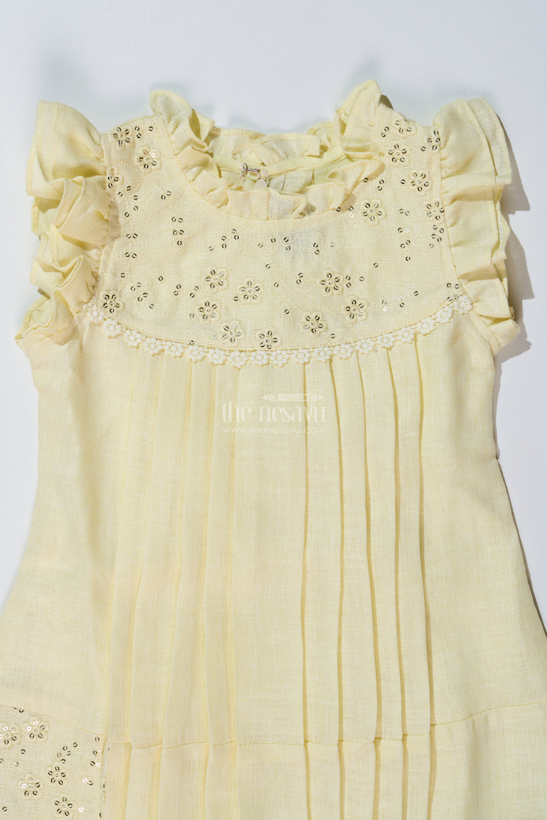 Girls Yellow Frock with Floral Embroidery and Pleats for Stylish Everyday Wear