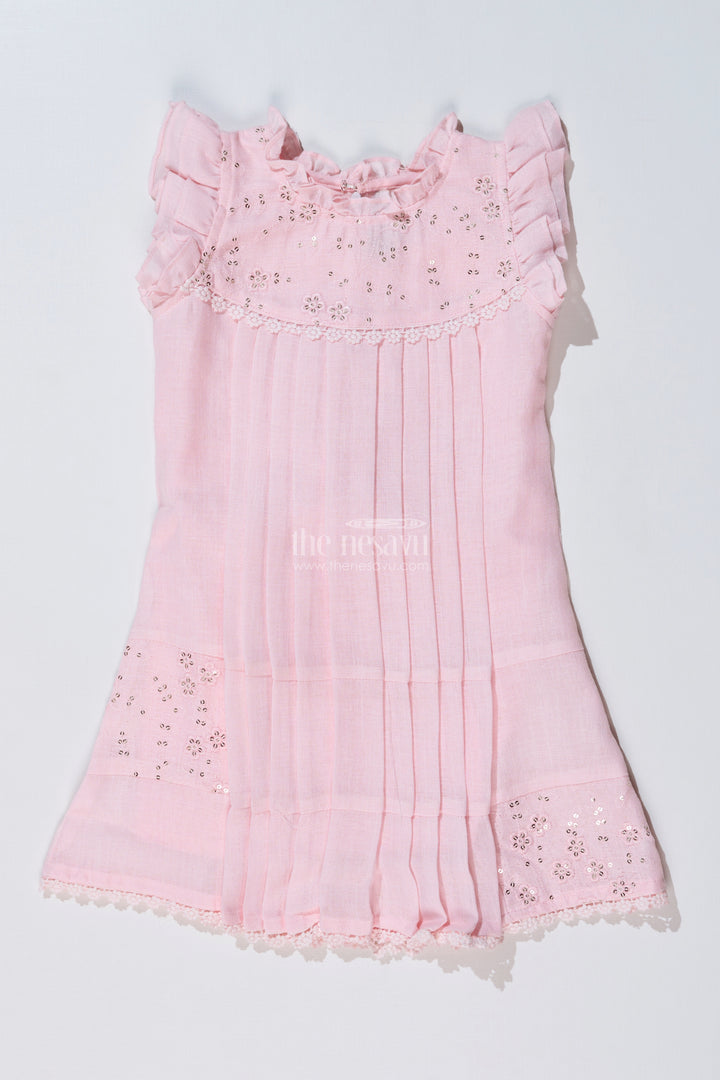 Girls Pink Frock for Kids with Floral Embroidery and Ruffled Sleeves for Special Occasions