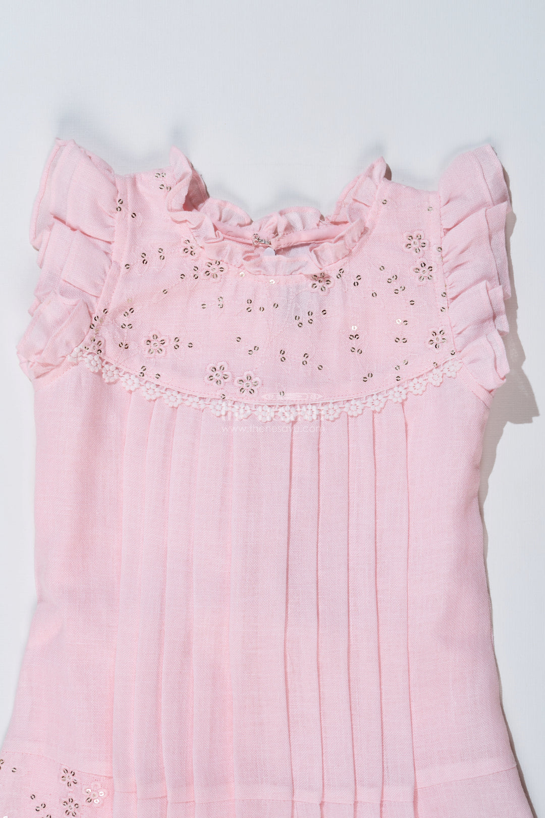 Girls Pink Frock for Kids with Floral Embroidery and Ruffled Sleeves for Special Occasions