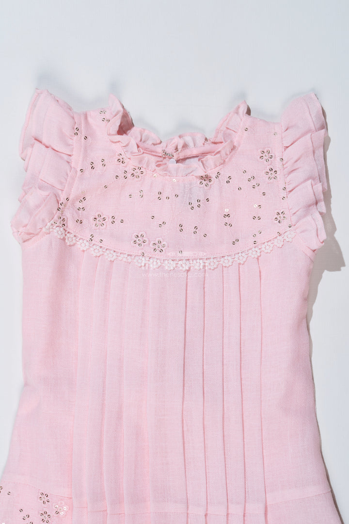 Girls Pink Frock for Kids with Floral Embroidery and Ruffled Sleeves for Special Occasions