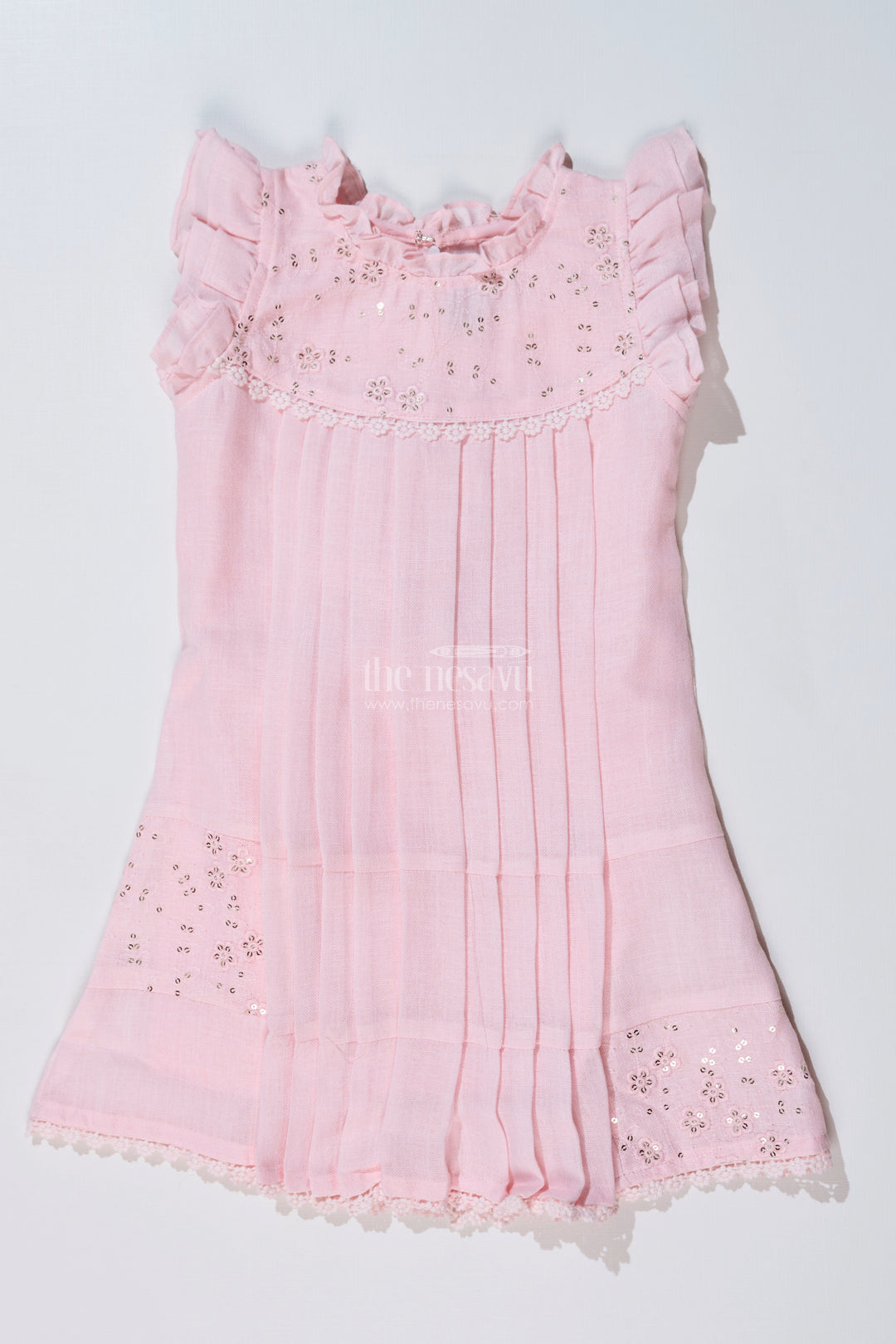 Girls Pink Frock for Kids with Floral Embroidery and Ruffled Sleeves for Special Occasions