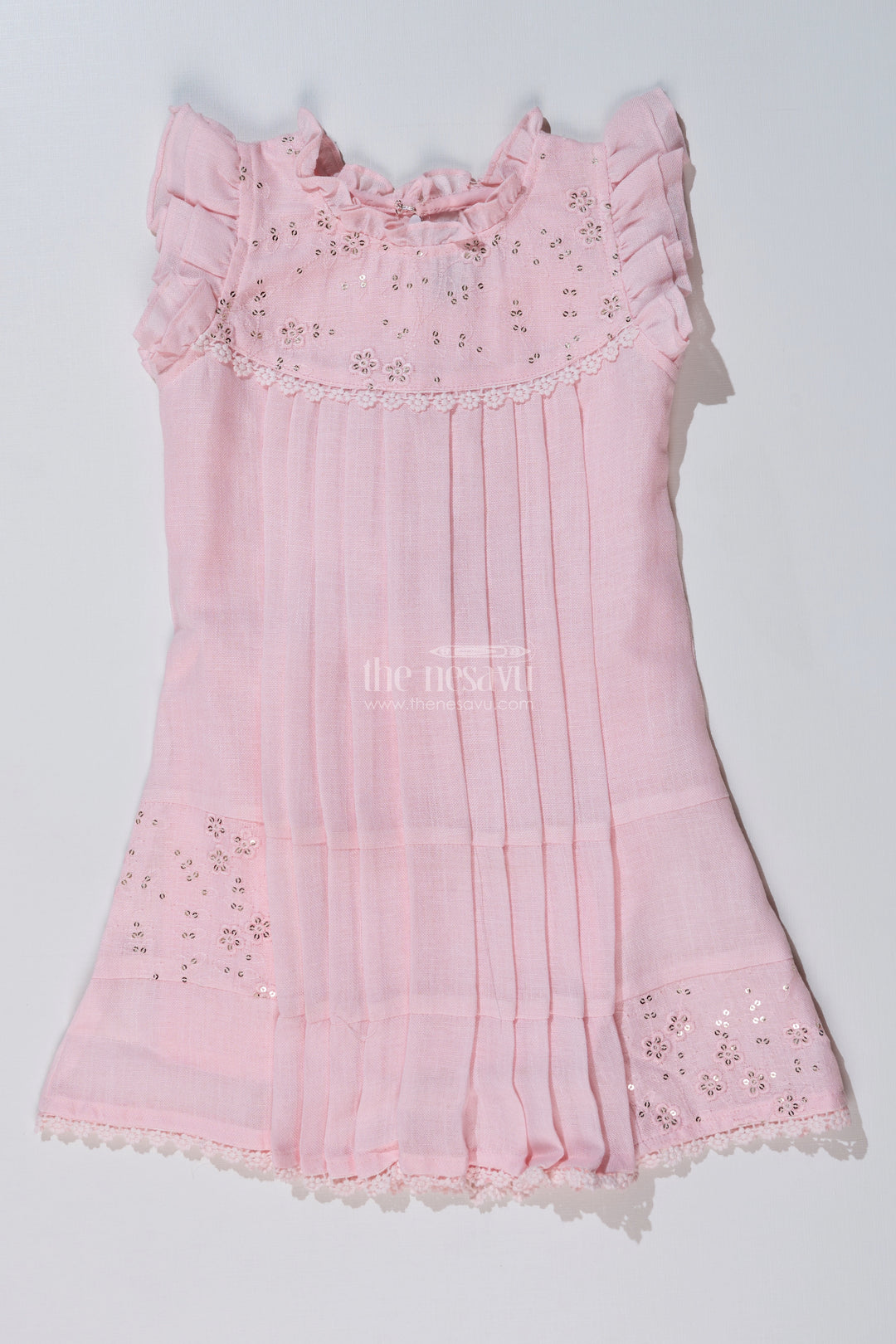 Girls Pink Frock for Kids with Floral Embroidery and Ruffled Sleeves for Special Occasions