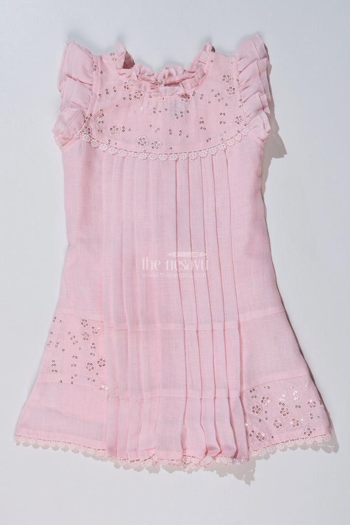 Girls Pink Frock for Kids with Floral Embroidery and Ruffled Sleeves for Special Occasions