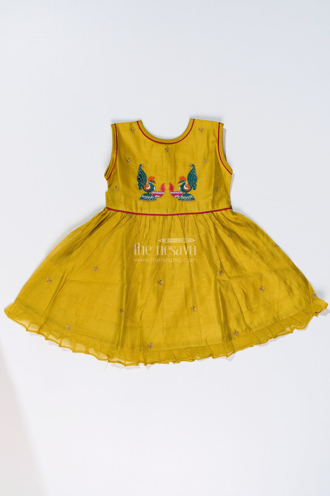 Girls One Piece Frock with Peacock Embroidery and Chanderi Cotton Fabric for Festive Wear