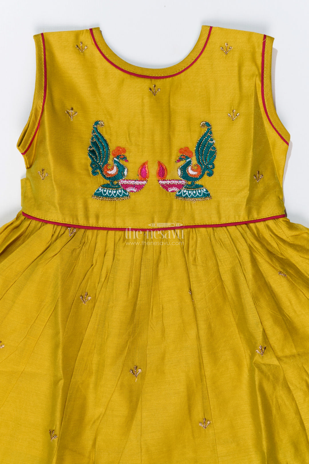 Girls One Piece Frock with Peacock Embroidery and Chanderi Cotton Fabric for Festive Wear