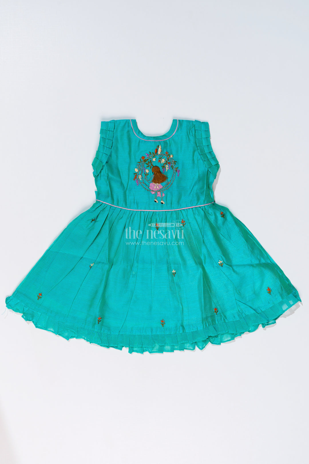 Girls Chanderi Cotton Frock with Peacock Embroidery and Ruffled Sleeves for Elegant Occasions