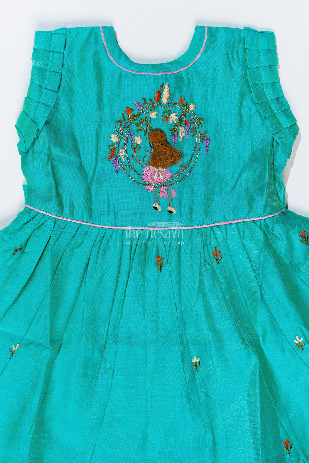 Girls Chanderi Cotton Frock with Peacock Embroidery and Ruffled Sleeves for Elegant Occasions