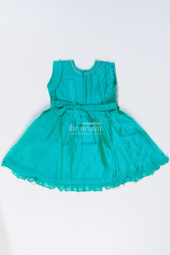 Girls Chanderi Cotton Frock with Peacock Embroidery and Ruffled Sleeves for Elegant Occasions