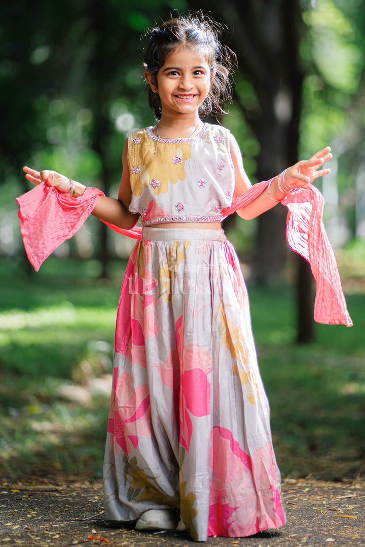 Girls' Grey Modal Silk Lehenga Choli with Floral Print and Mirror Embellishments