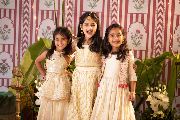 Cream Shimmer Viscose Silk Party Gown for Girls