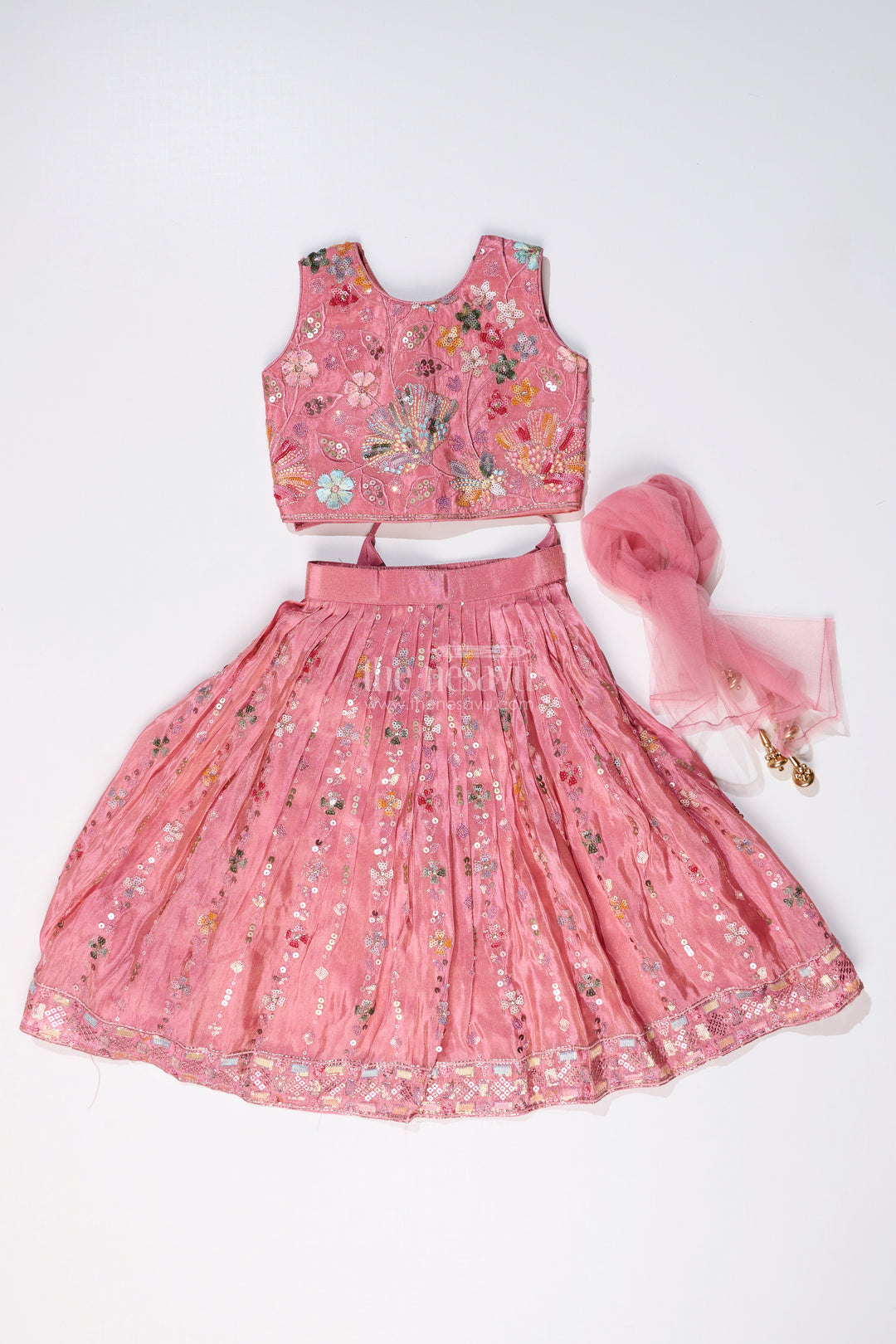 Girls Rose Pink Lehenga with Heavy Embroidery and Mirror Work for Festive Occasions