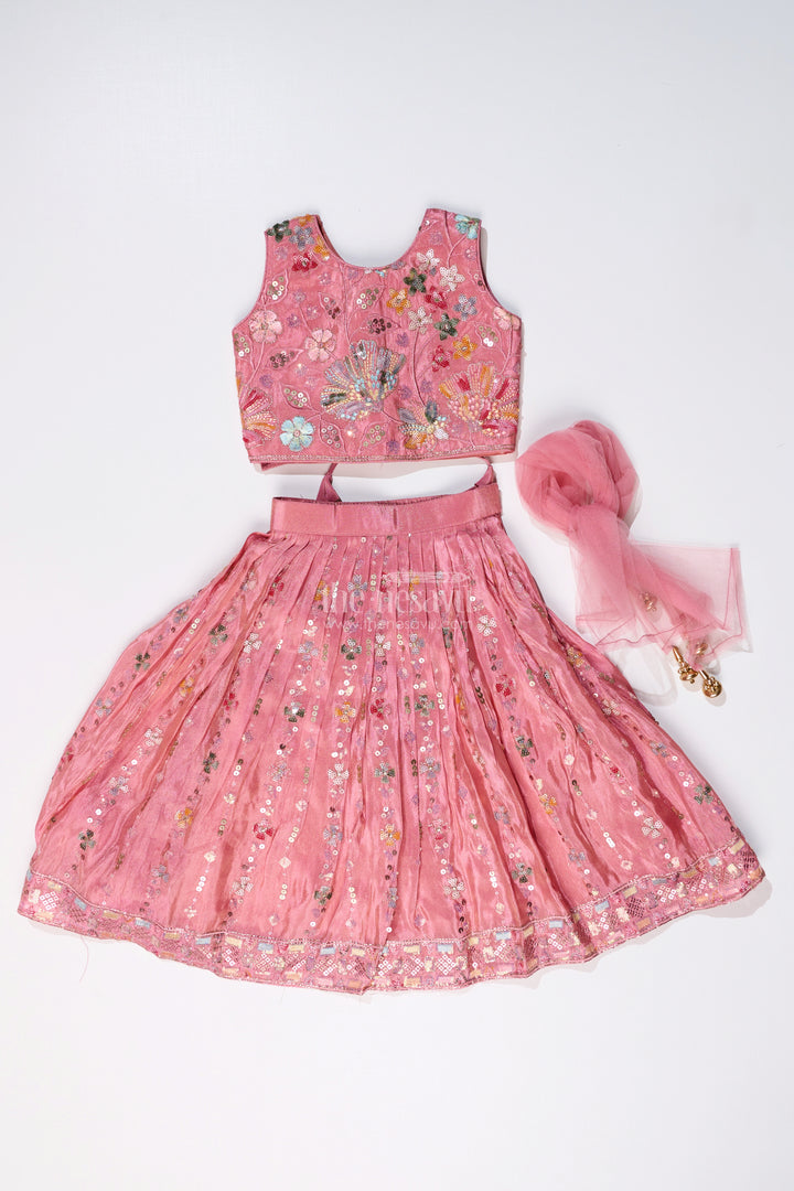 Girls Rose Pink Lehenga with Heavy Embroidery and Mirror Work for Festive Occasions