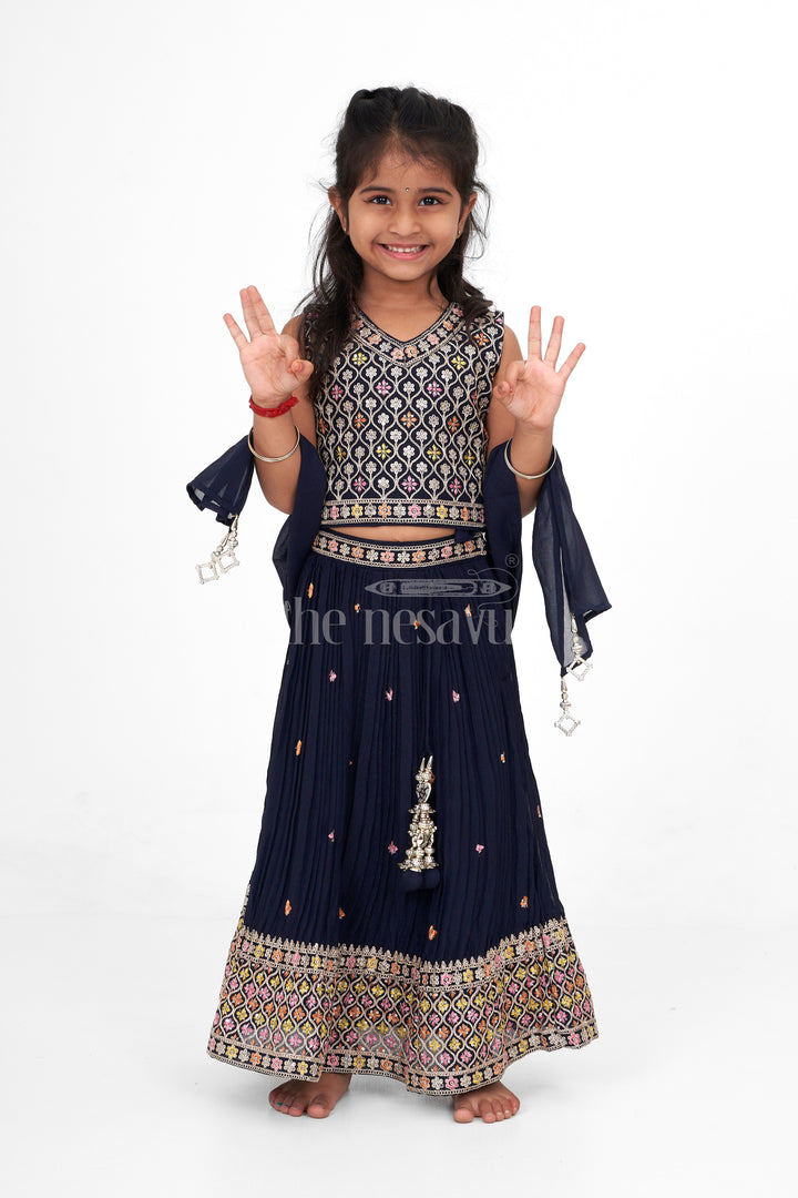 Designer Embroidered Chinon Dark Blue Lehenga Choli for Girls with Intricate Detailing