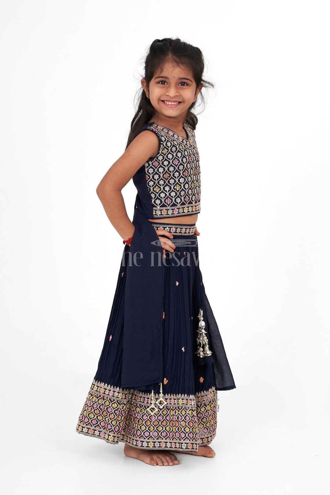 Designer Embroidered Chinon Dark Blue Lehenga Choli for Girls with Intricate Detailing