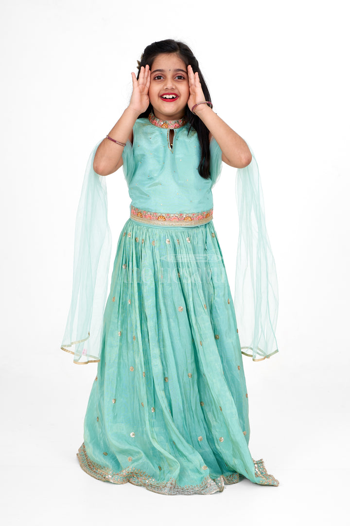 Exquisite Girls Blue Lehenga Design in Pure Tissue Viscose Silk with Embellished Waistline