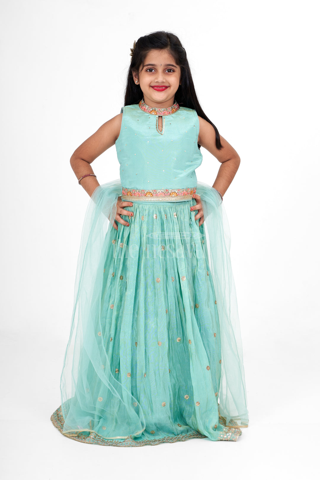 Exquisite Girls Blue Lehenga Design in Pure Tissue Viscose Silk with Embellished Waistline