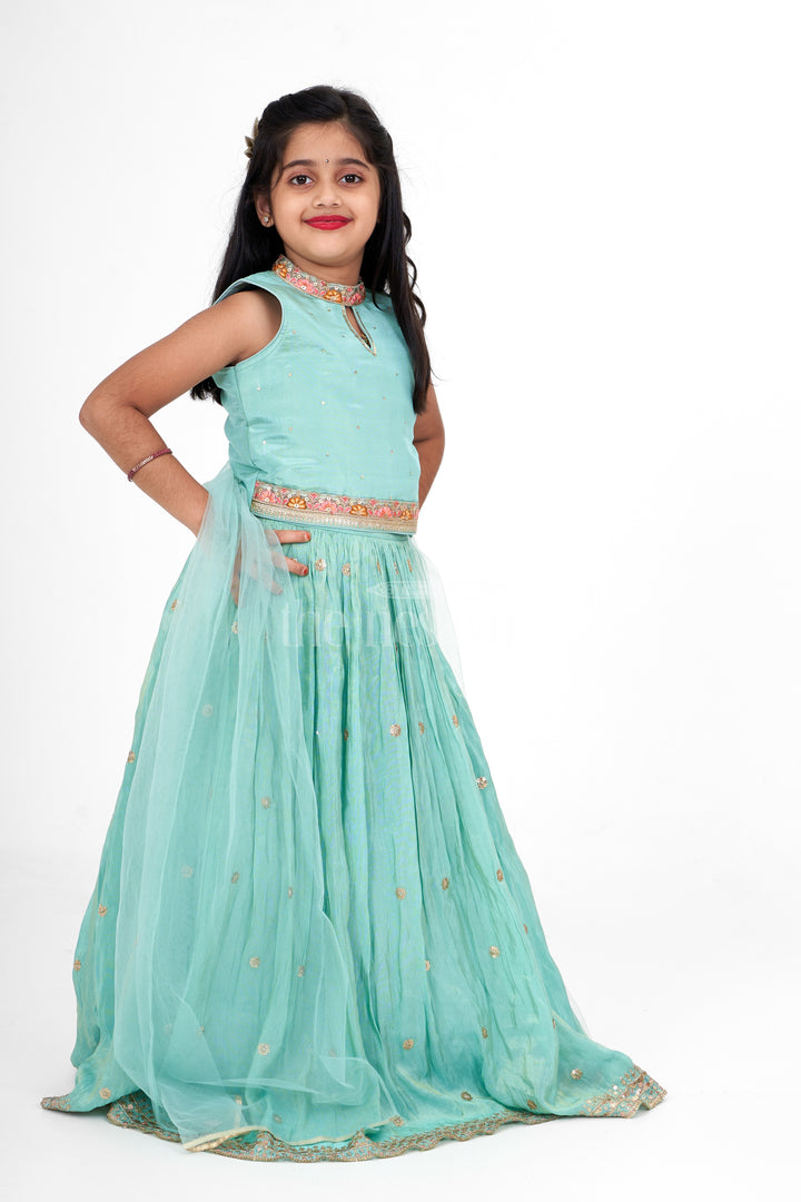 Exquisite Girls Blue Lehenga Design in Pure Tissue Viscose Silk with Embellished Waistline