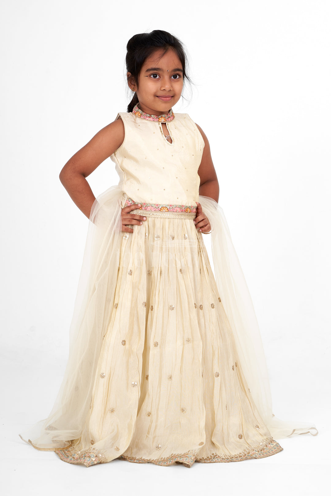 Classic Girls White Lehenga Choli in Pure Tissue Viscose Silk with Embellished Neckline