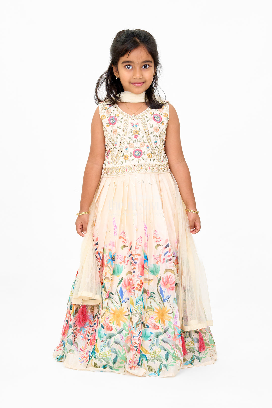 Girls Georgette Embroidered Party Wear Lehenga with Floral Printed Skirt