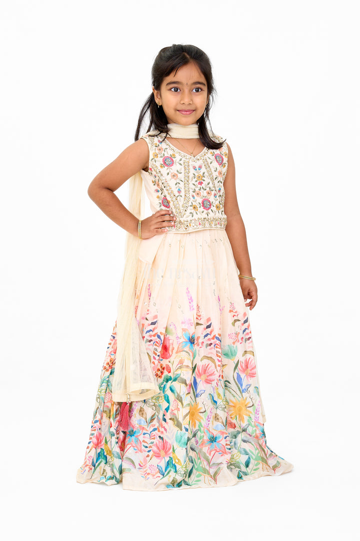 Girls Georgette Embroidered Party Wear Lehenga with Floral Printed Skirt