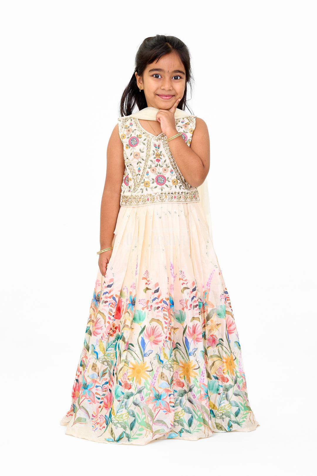 Girls Georgette Embroidered Party Wear Lehenga with Floral Printed Skirt