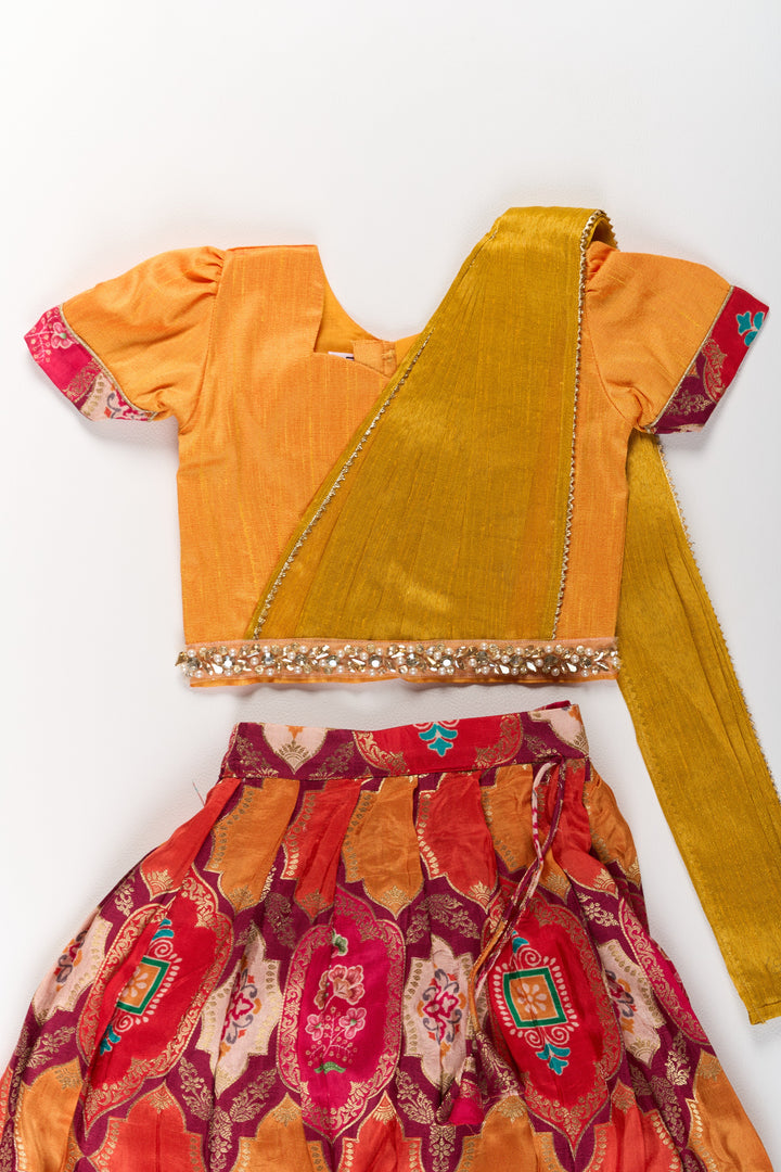 Vibrant Mustard and Red Silk Lehenga Choli for Girls with Embroidered Dupatta