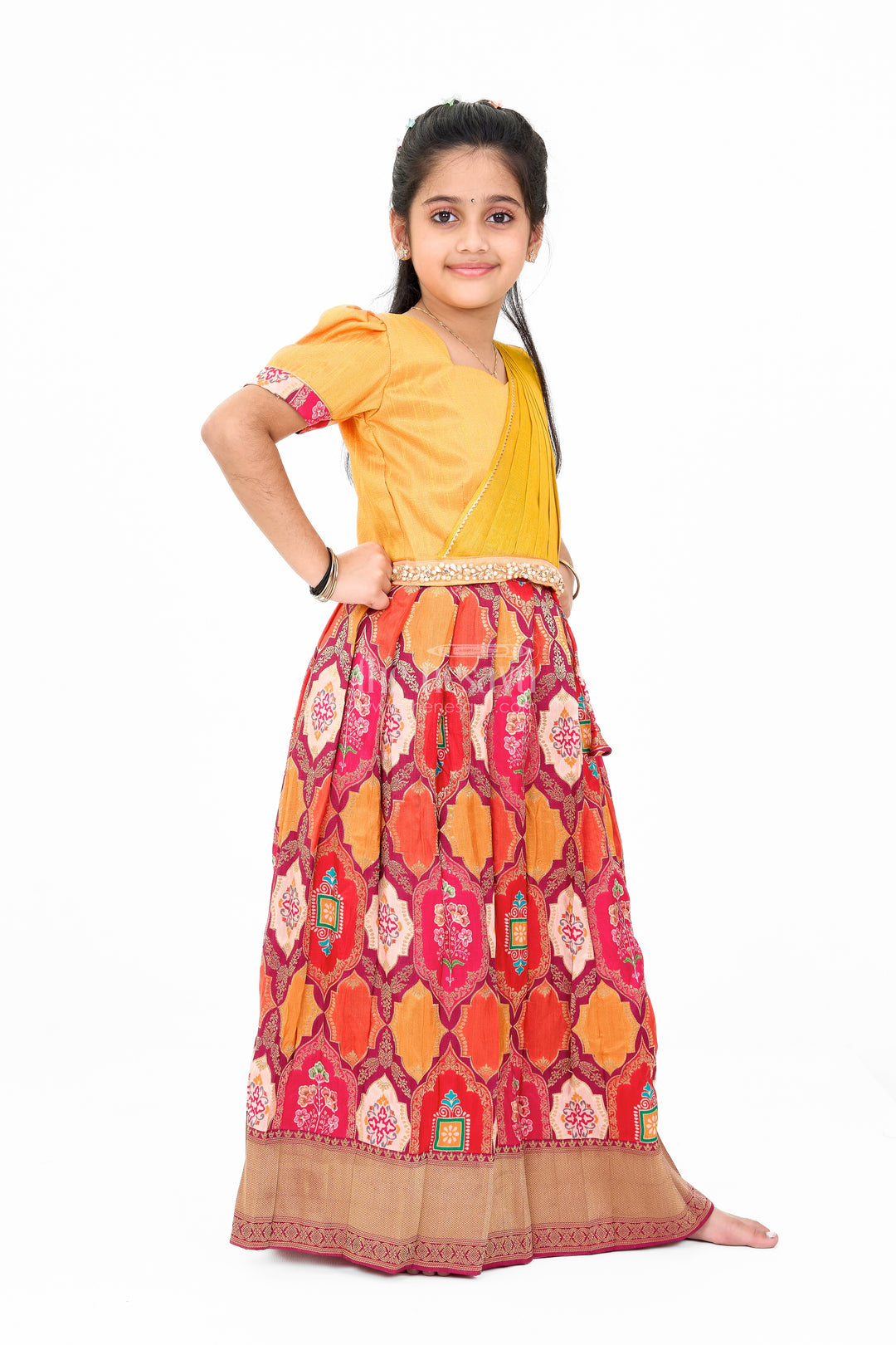 Vibrant Mustard and Red Silk Lehenga Choli for Girls with Embroidered Dupatta