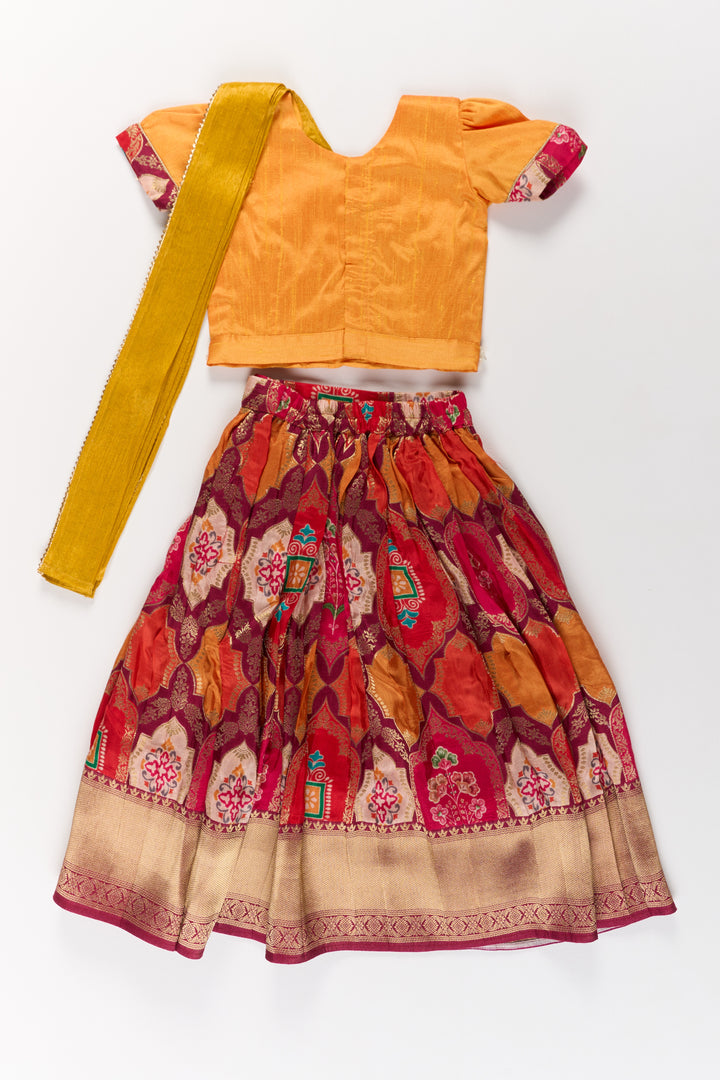 Vibrant Mustard and Red Silk Lehenga Choli for Girls with Embroidered Dupatta