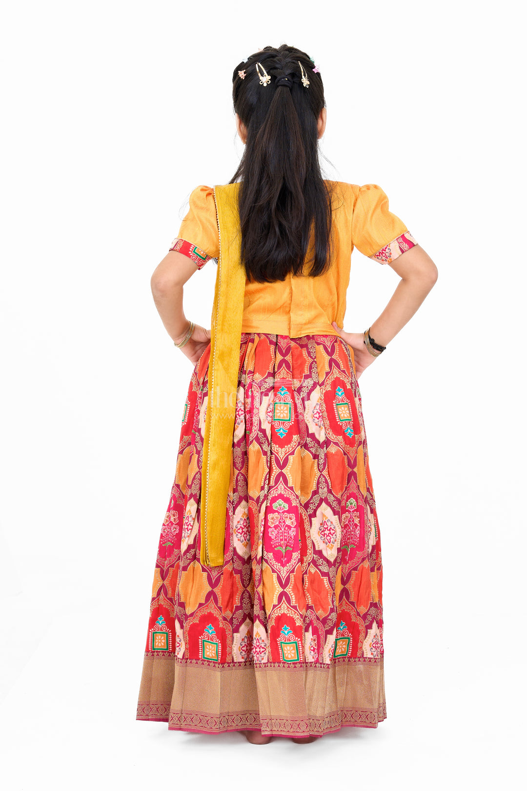 Vibrant Mustard and Red Silk Lehenga Choli for Girls with Embroidered Dupatta