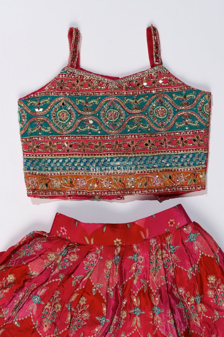 Girls Choli with Placement Print and Embroidery Featuring a Flared Lehenga for Special Occasions