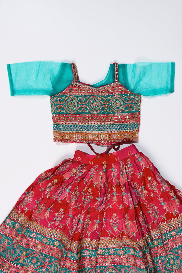 Girls Choli with Placement Print and Embroidery Featuring a Flared Lehenga for Special Occasions