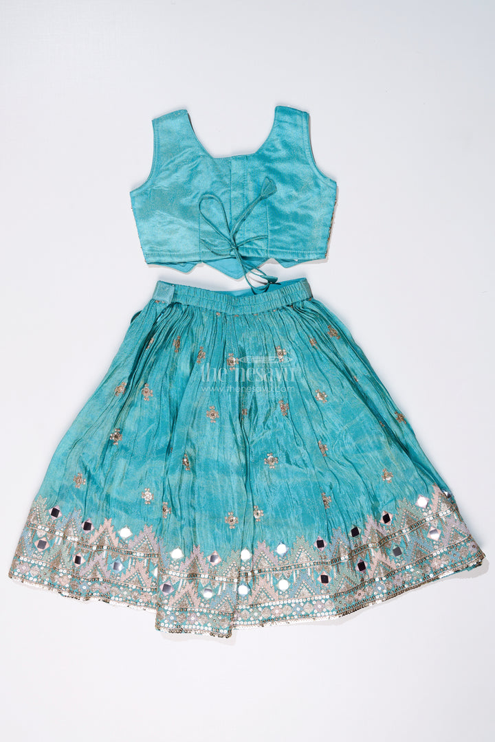 Girls Blue Party Lehenga Dress with Embroidered Blouse and Mirror Work Detailing