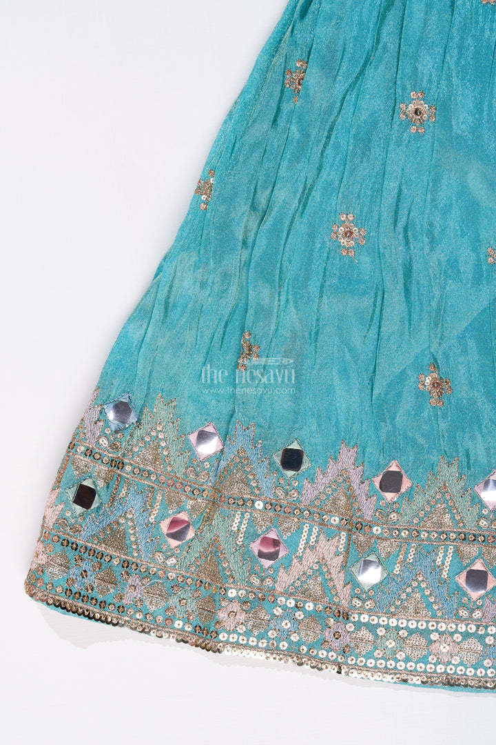 Girls Blue Party Lehenga Dress with Embroidered Blouse and Mirror Work Detailing