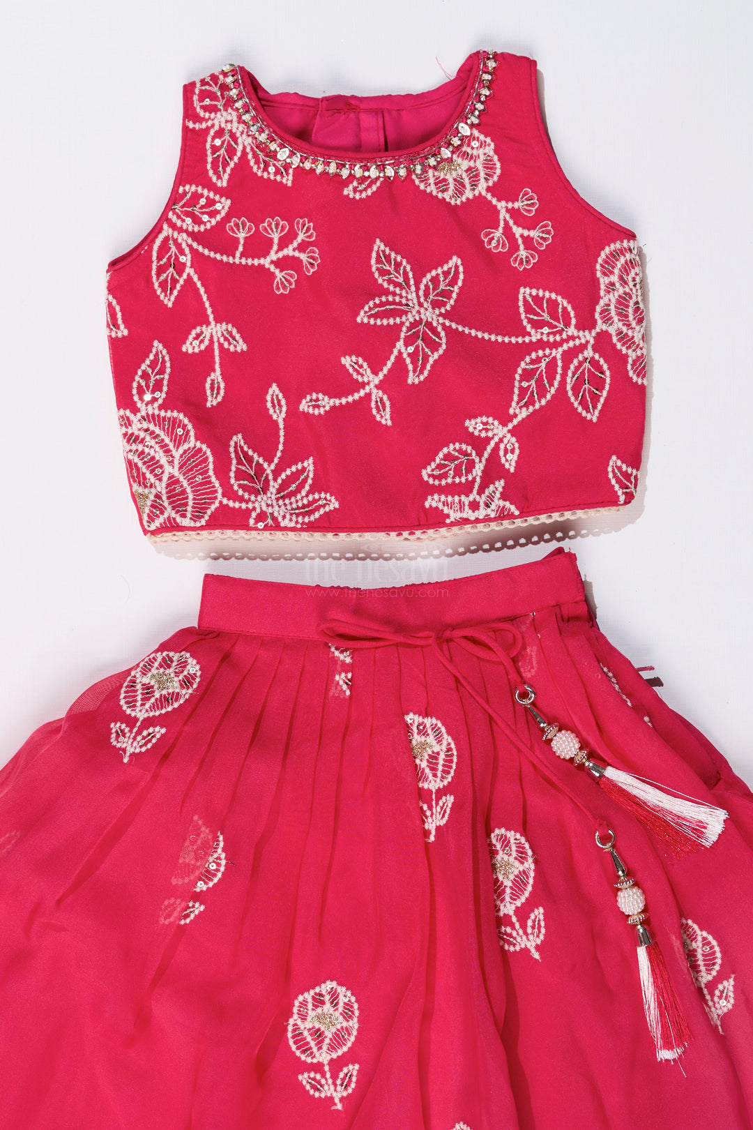 Girls Embroidered Sharara Lehenga Choli in Red with Floral Gold Threadwork