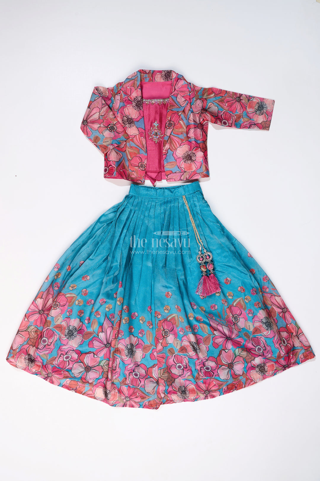 Girls Lehenga Choli Party Wear in Teal and Pink with Digital Floral Prints and Jacket